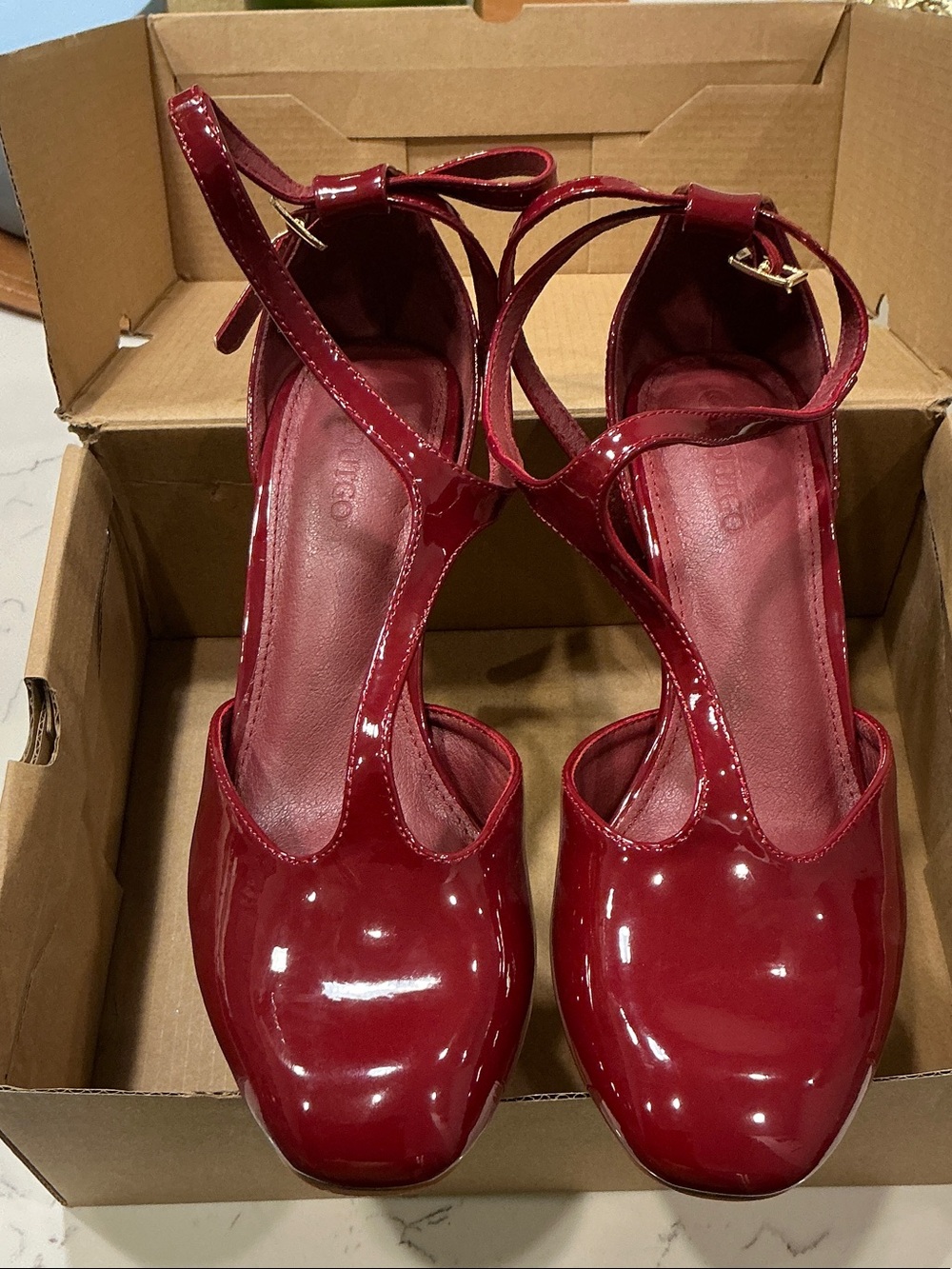 Women’s Red Patent T-Strap Heels with Ankle Bow